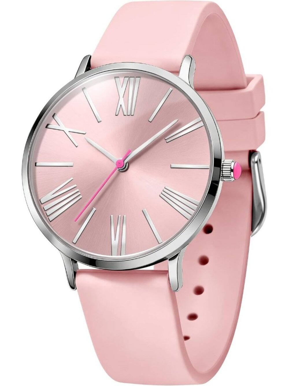 Women's Pink Roman Numerals Easy to Read Analog Waterproof Silicone Strap Watch